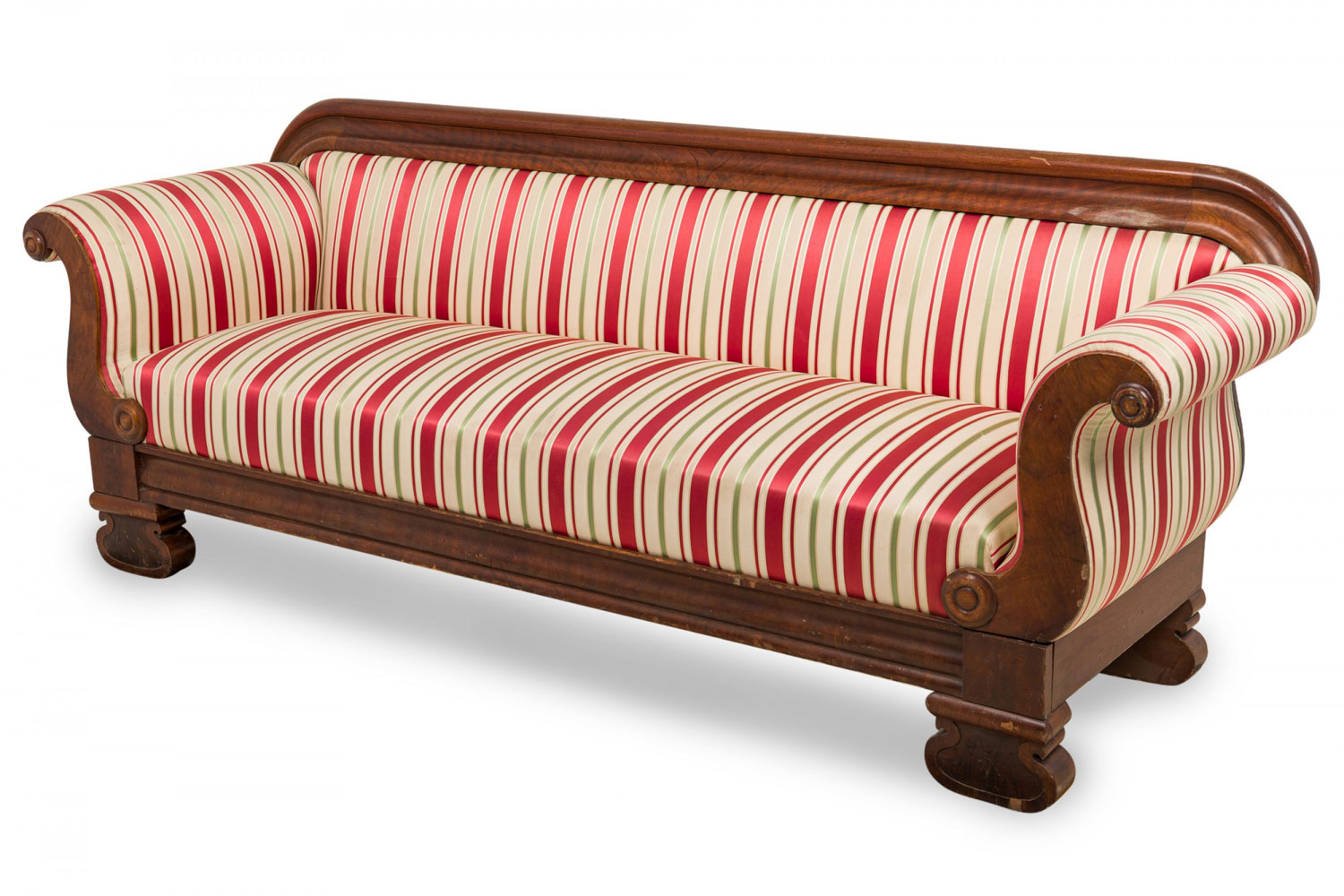 American empire style carved mahogany and beige red and green striped upholstery sofa 1