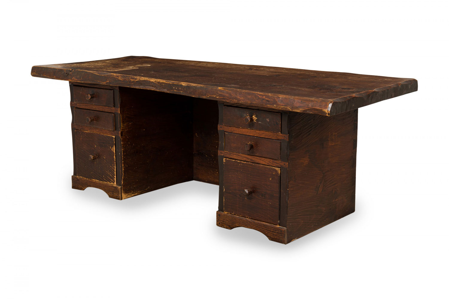 Rustic adirondack style hewn dark stained wooden kneehole desk