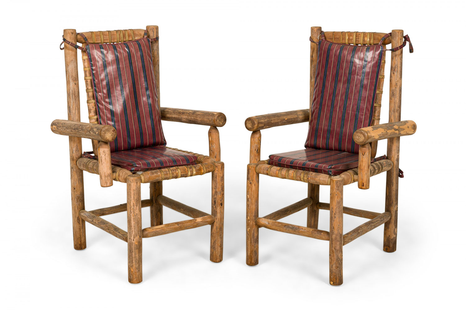 Set of 4 rustic adirondack style wood and woven gut armchairs