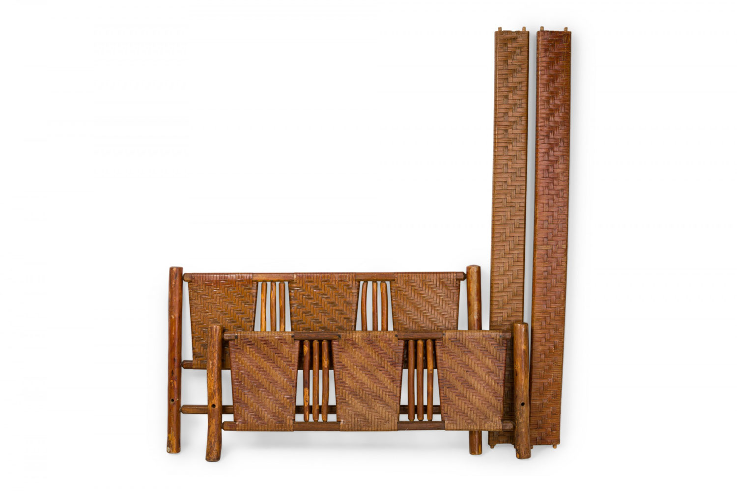 Rustic old hickory log and woven rattan twin full bed frame