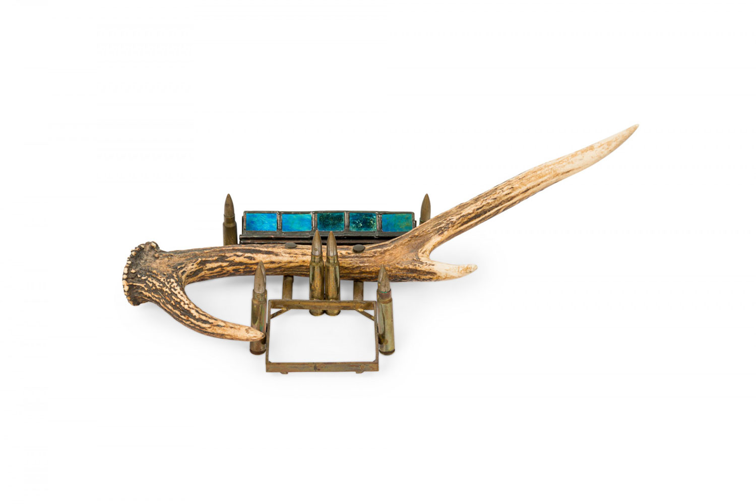 Rustic antler inkwell with glass and metal pen holder