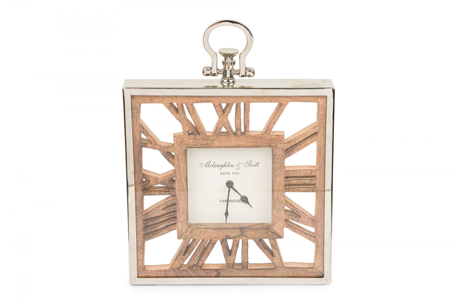 Rustic continental style wooden square wall or table clock with glass inset 