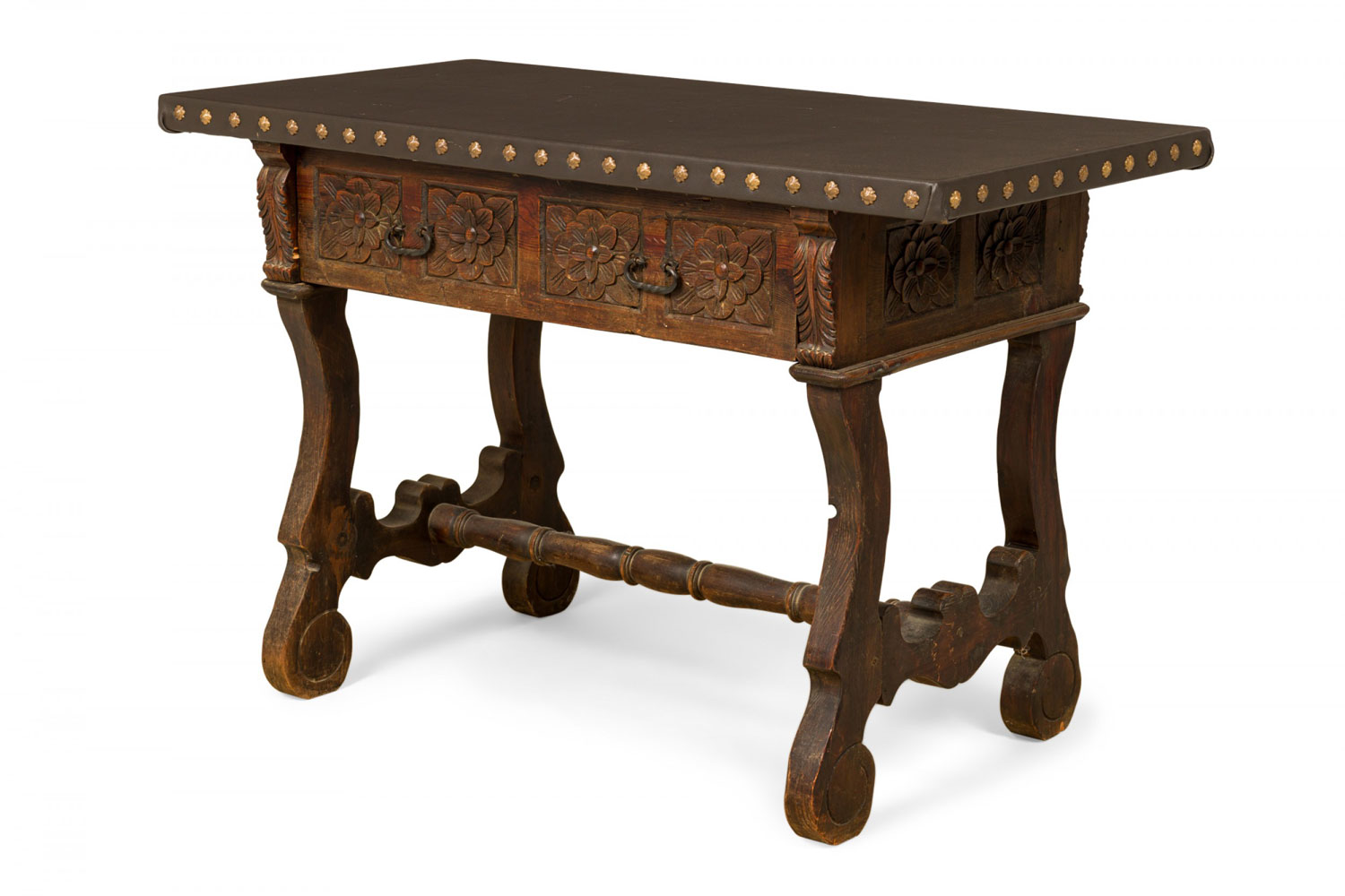 English jacobean style carved mahogany leather top console table