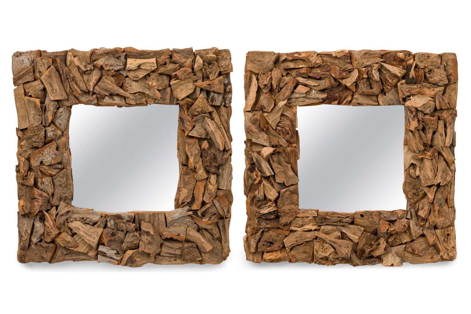 Pair of rustic driftwood framed square wall mirrors