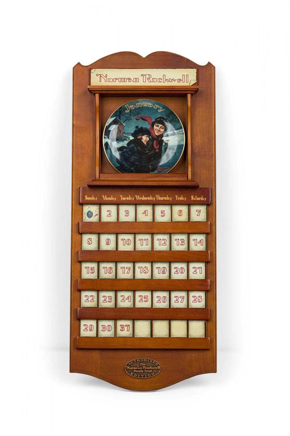 Norman rockwell american mid century porcelain plate and tile wooden wall calendar