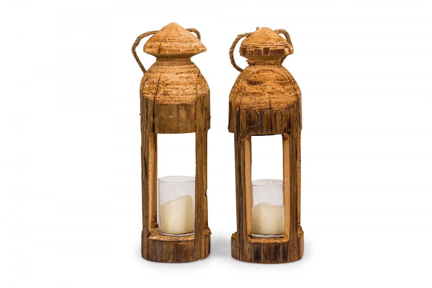 Pair of rustic carved wooden lanterns 