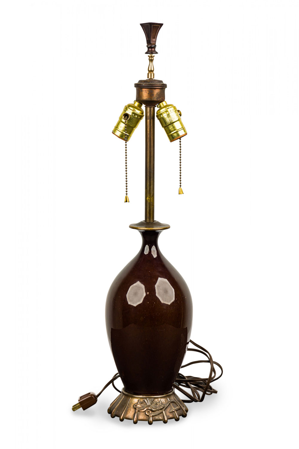 American art deco style oxblood red porcelain and brass table lamp