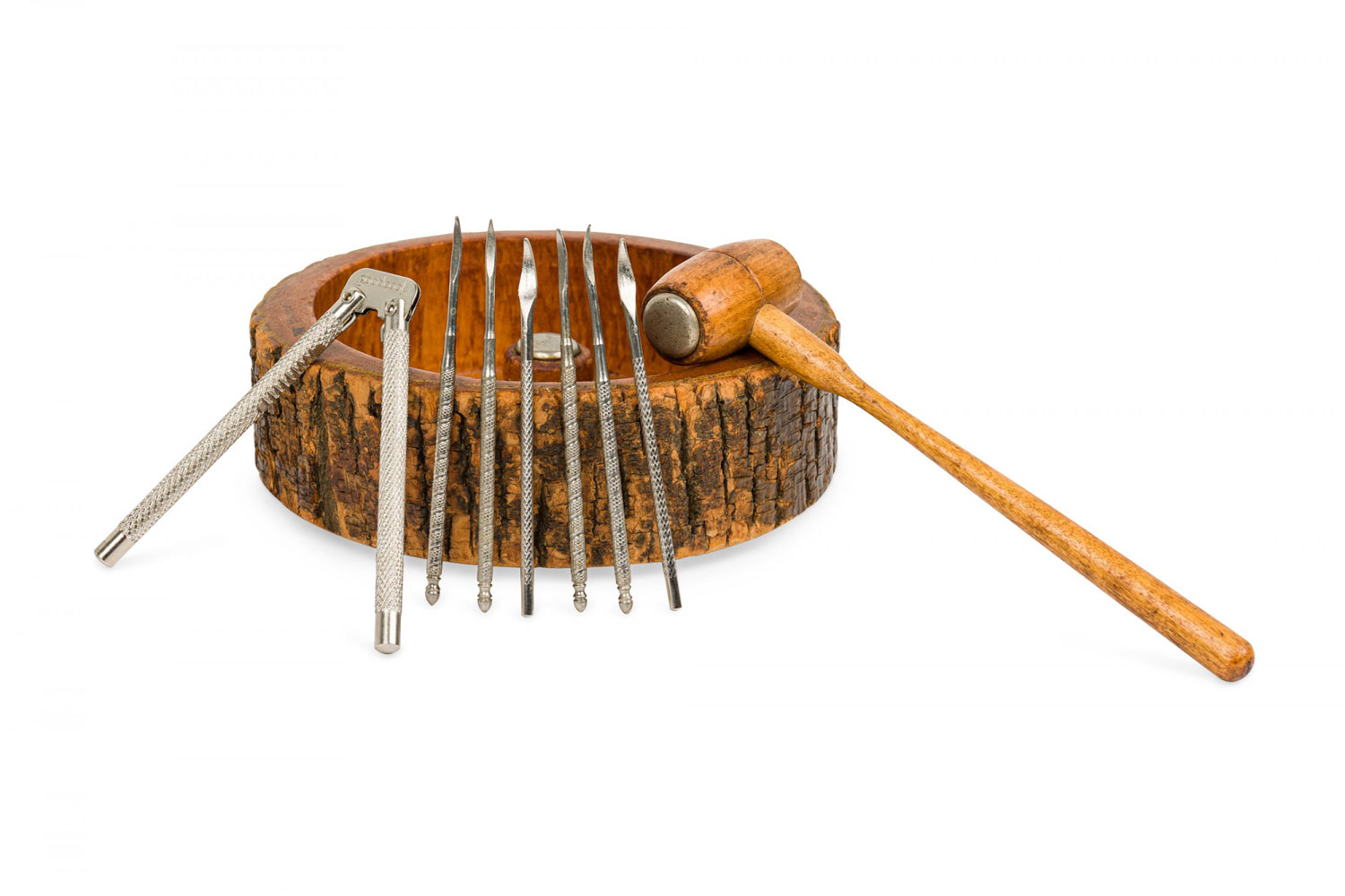 Rustic carved wooden nutcracker set with wooden mallet