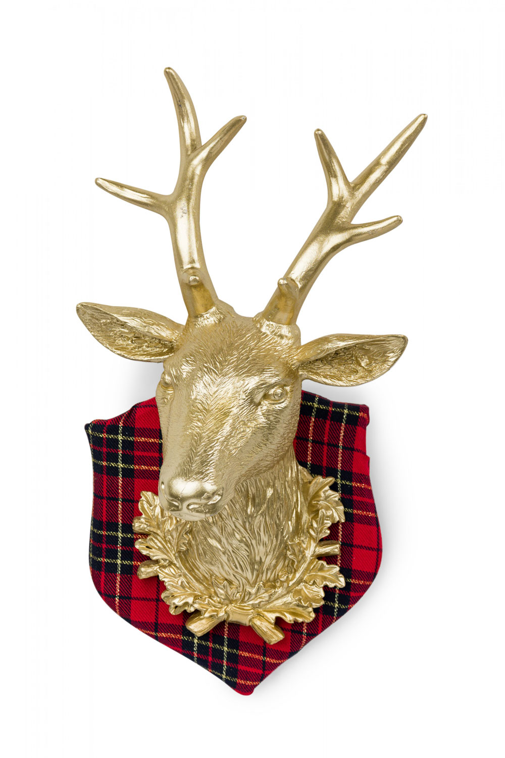 Contemporary plaid backed brass deer head wall plaque