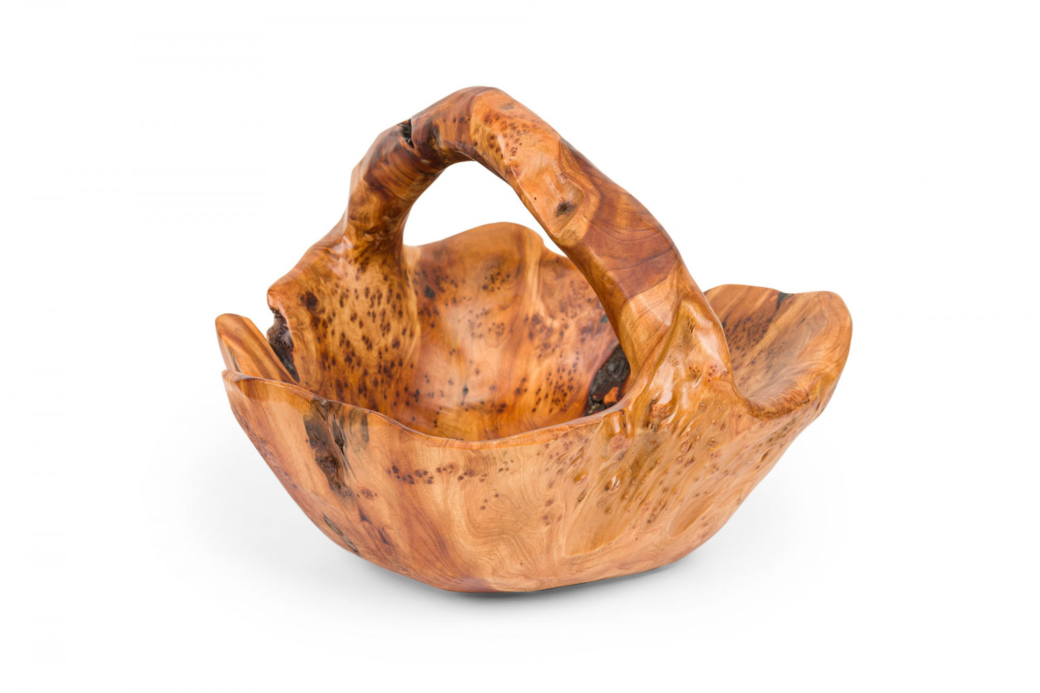 Contemporary rustic organically shaped olive wood basket with handle