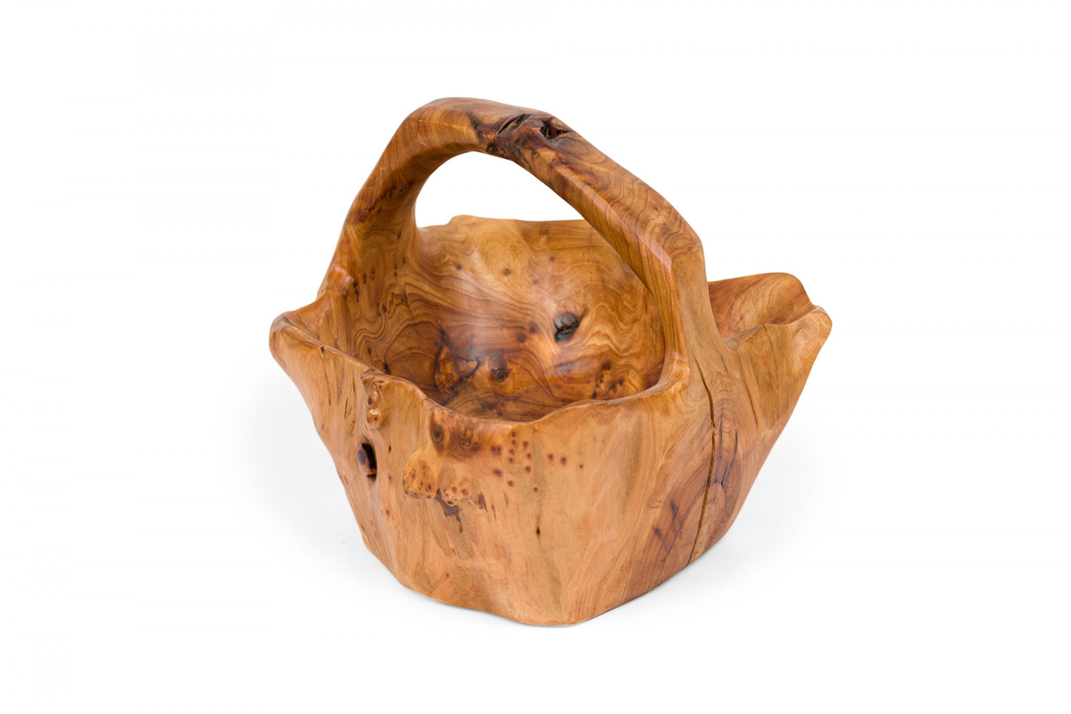 Contemporary rustic organically shaped olive wood basket