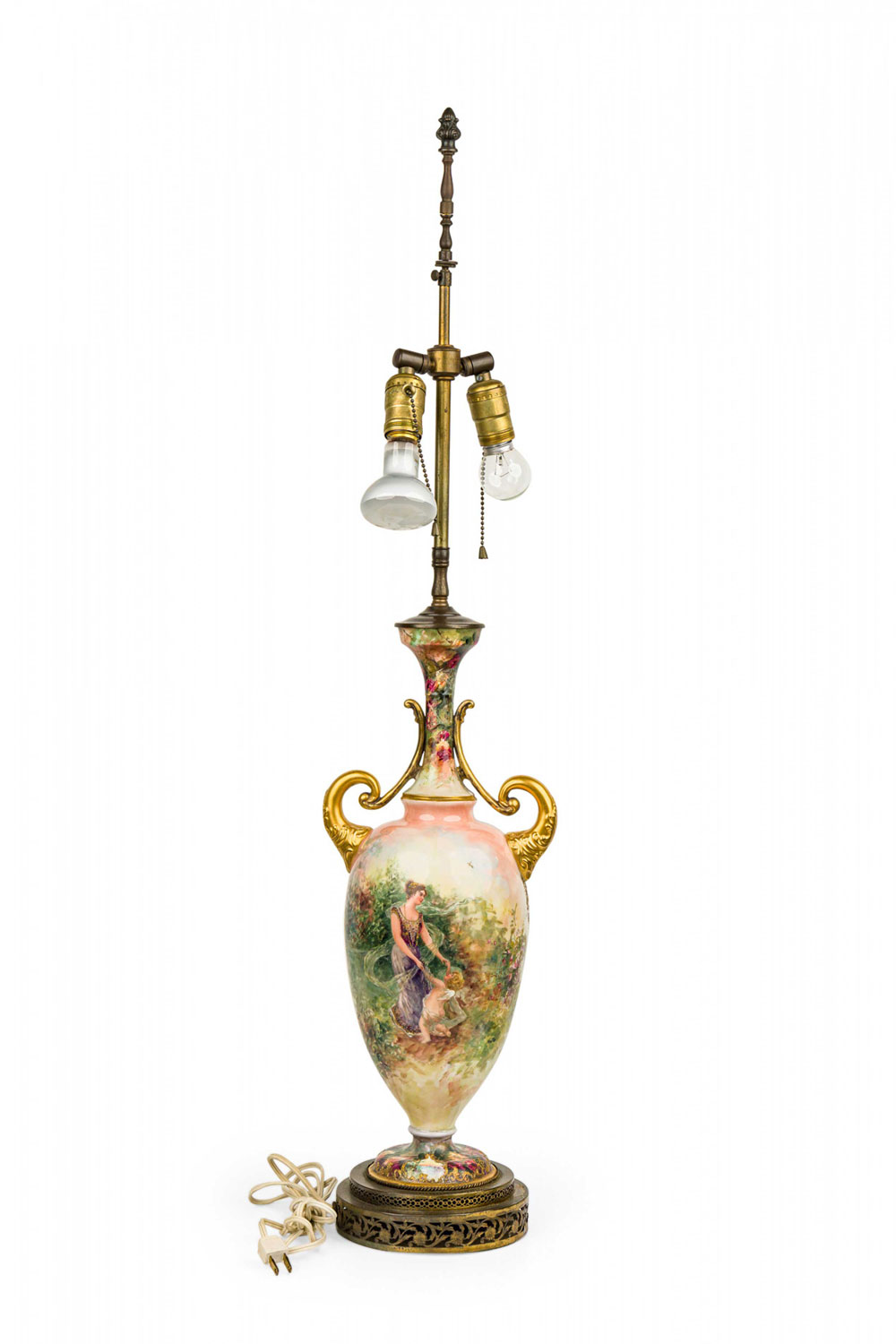 English victorian=style floral motif ceramic and brass urn form table lamp