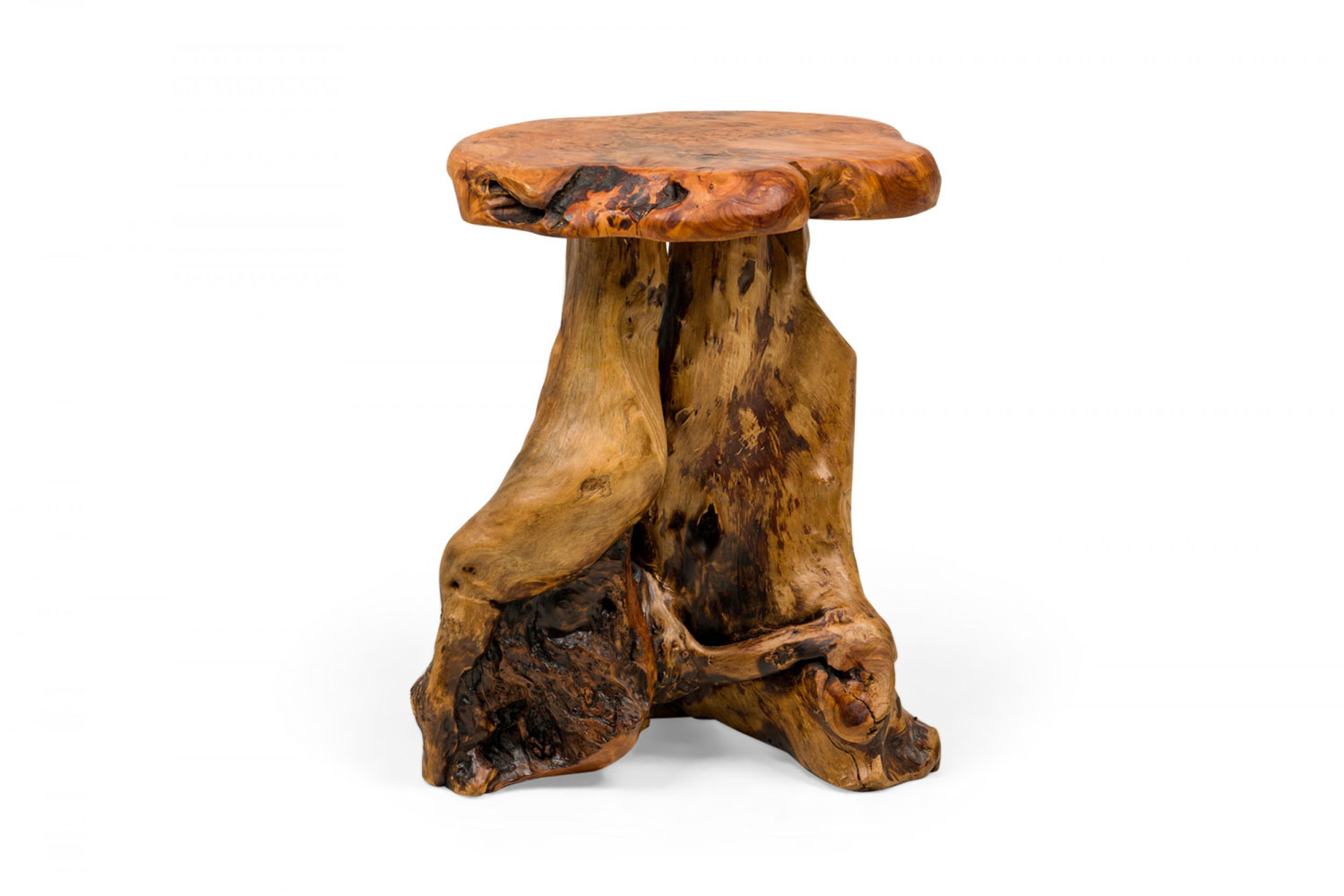 Rustic wooden tree stump burled side table with organic scalloped shaped top