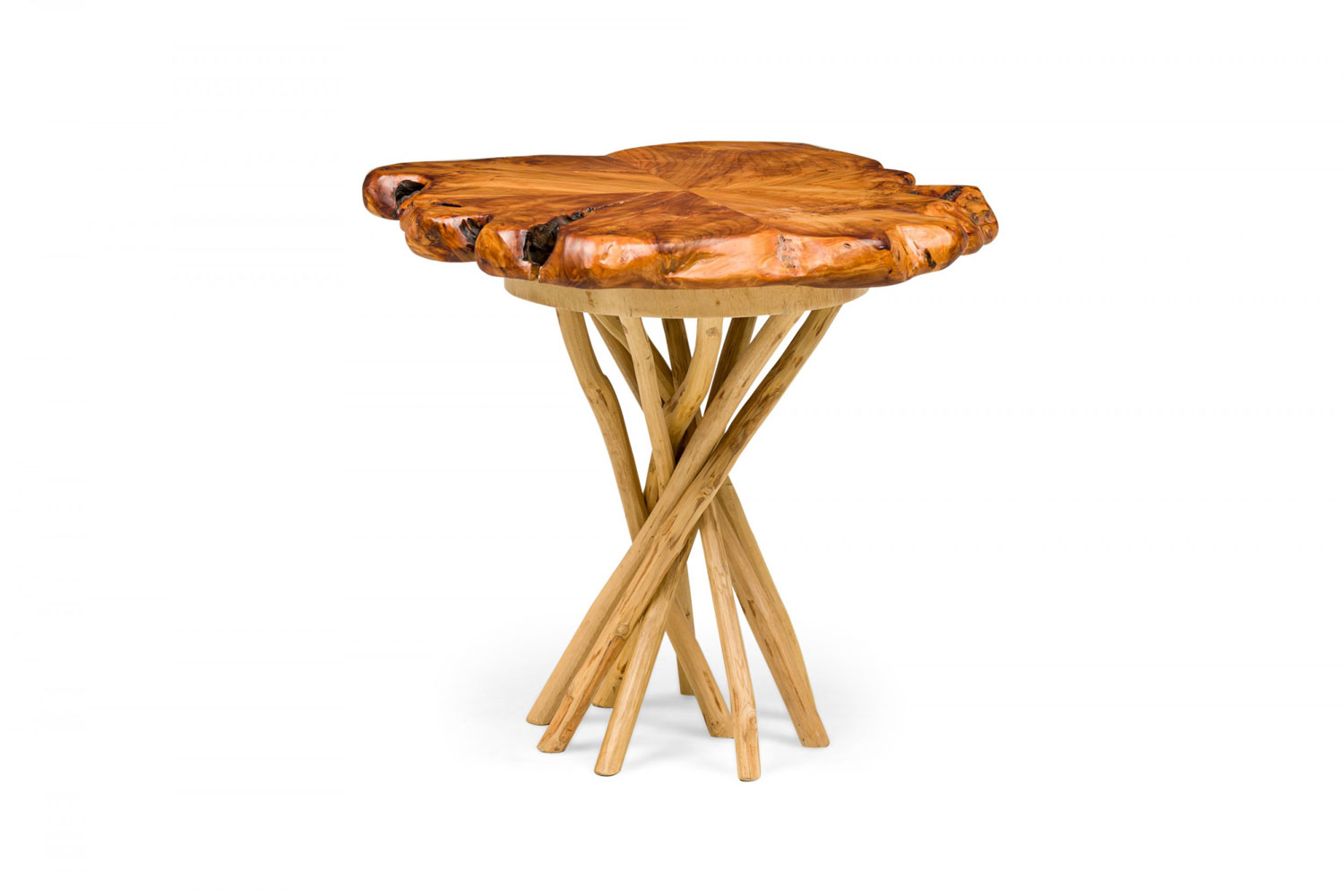Rustic wood round side table with organic top and branch base