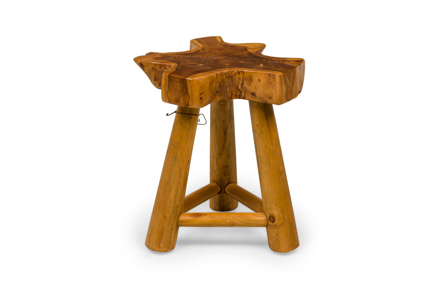 Rustic wood side table with asterisk shaped top and tripod base