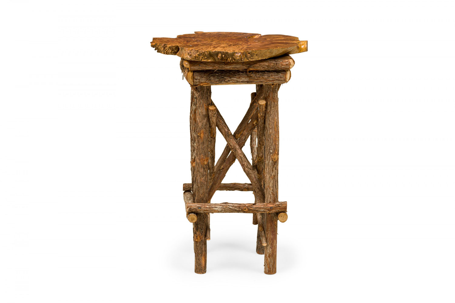 Rustic adirondack scalloped petrified wood and branch side end table