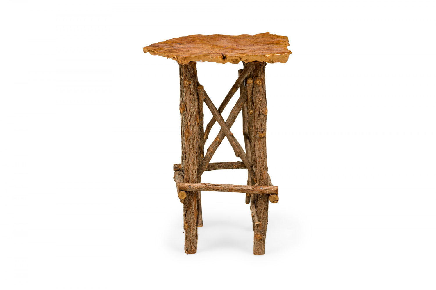 Rustic adirondack scalloped petrified wood and branch x base side end table