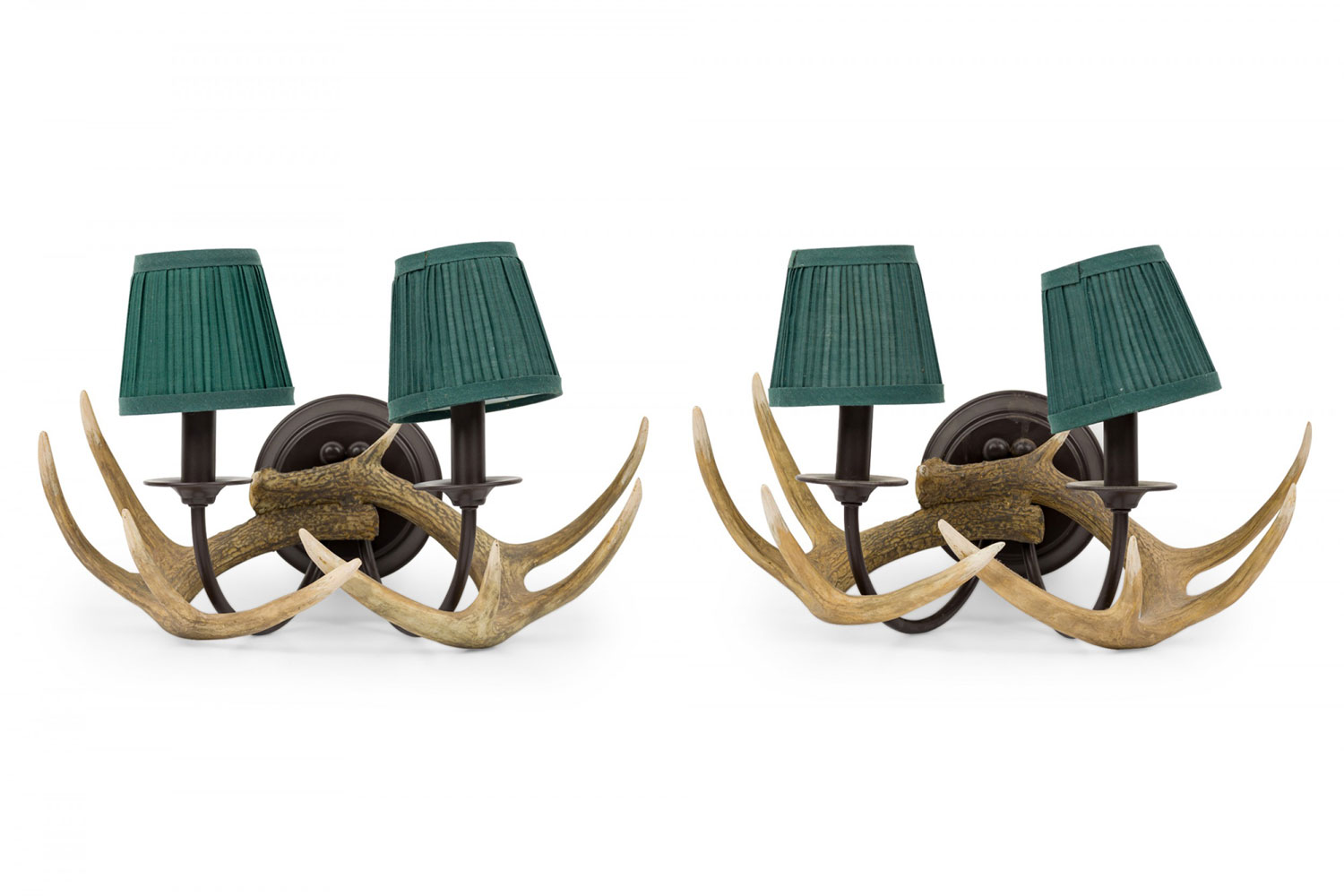 Pair of rustic resin faux antler wall sconces with two small green pleated shades