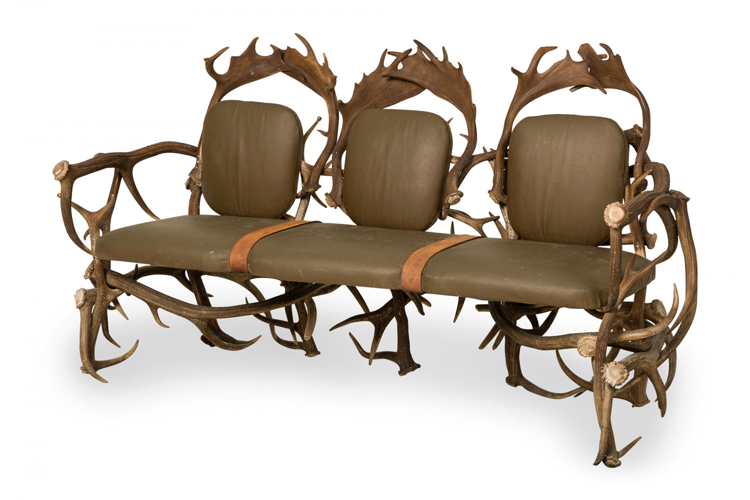 Rustic continental style green leather and faux antler three seat settee