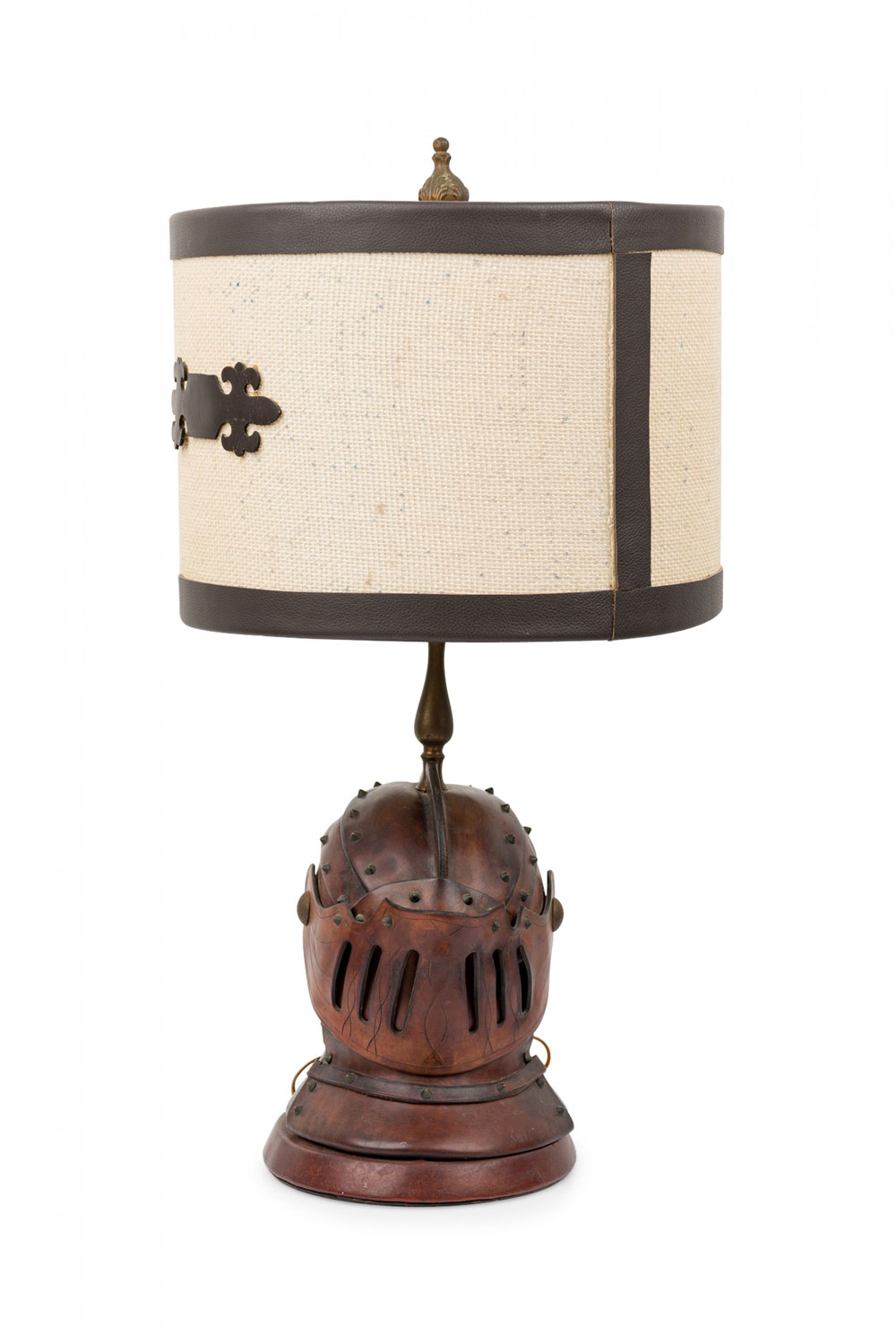 English renaissance style novelty brown leather knights helmet table lamp