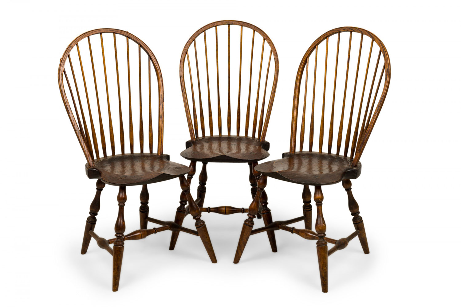Set of 3 rustic windsor back carved oak side chairs