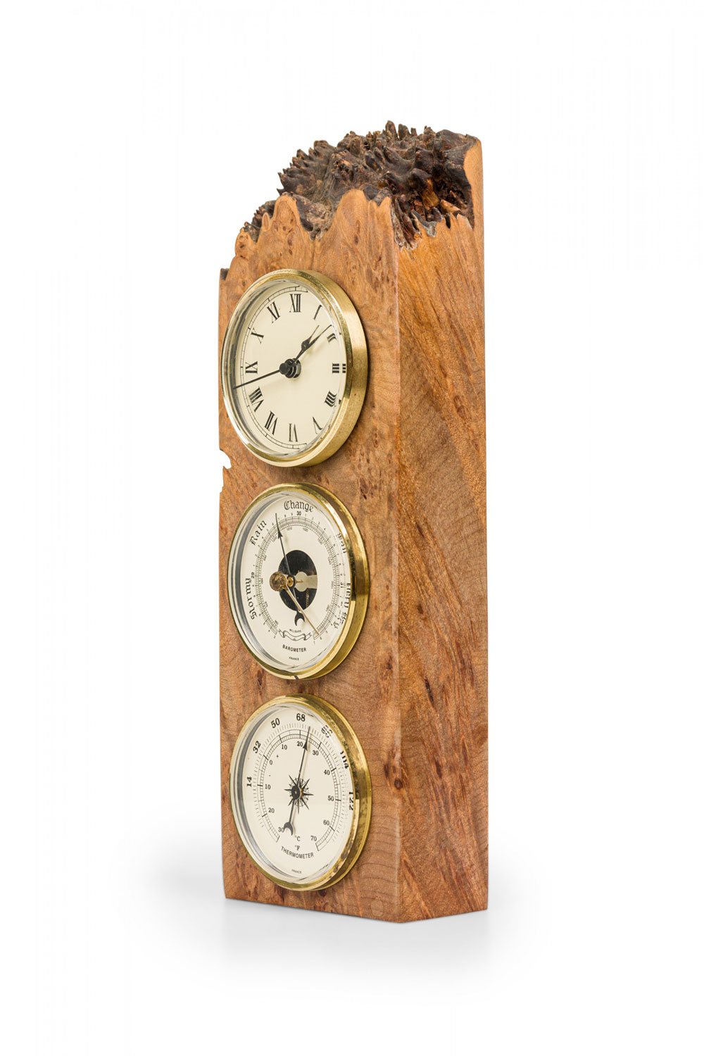 Charles elkan rustic burl wood three dial clock and weather station