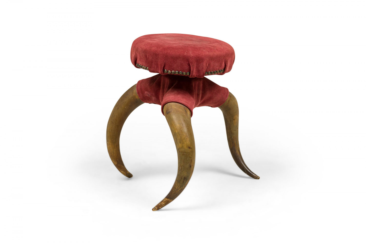 Rustic american victorian three legged horn and burgundy suede footstool