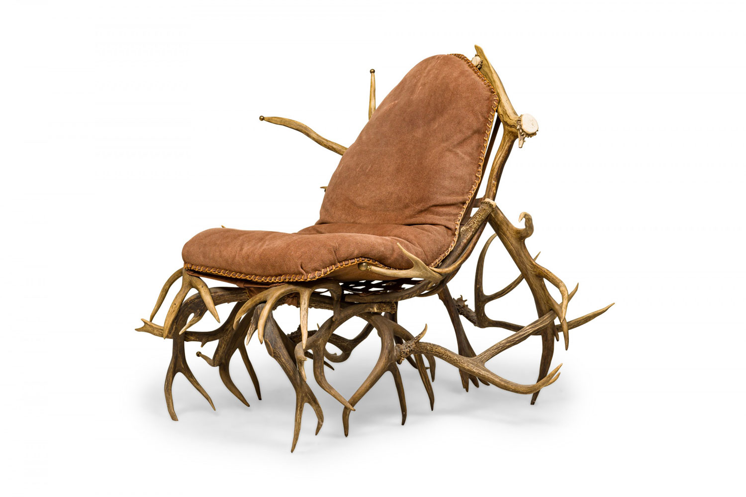 Rustic continental antler and mauve pink suede arm chair 