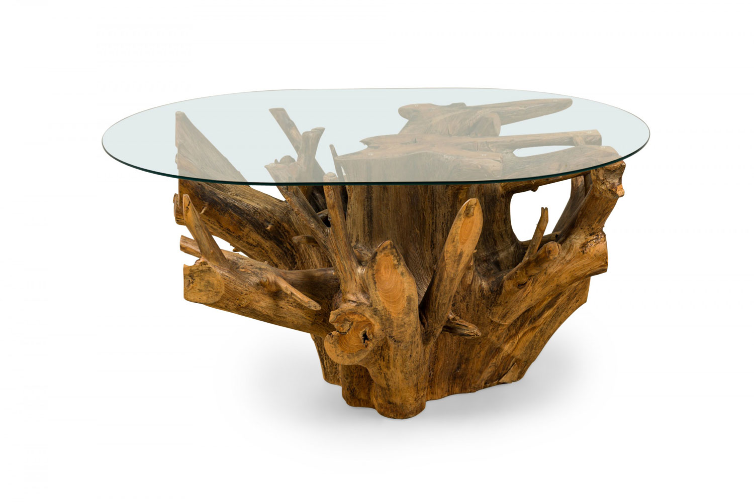 Contemporary rustic tree root and clear oval glass coffee table
