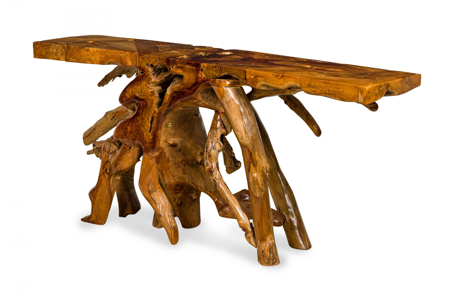 Rustic tree root live edge lacquered console table