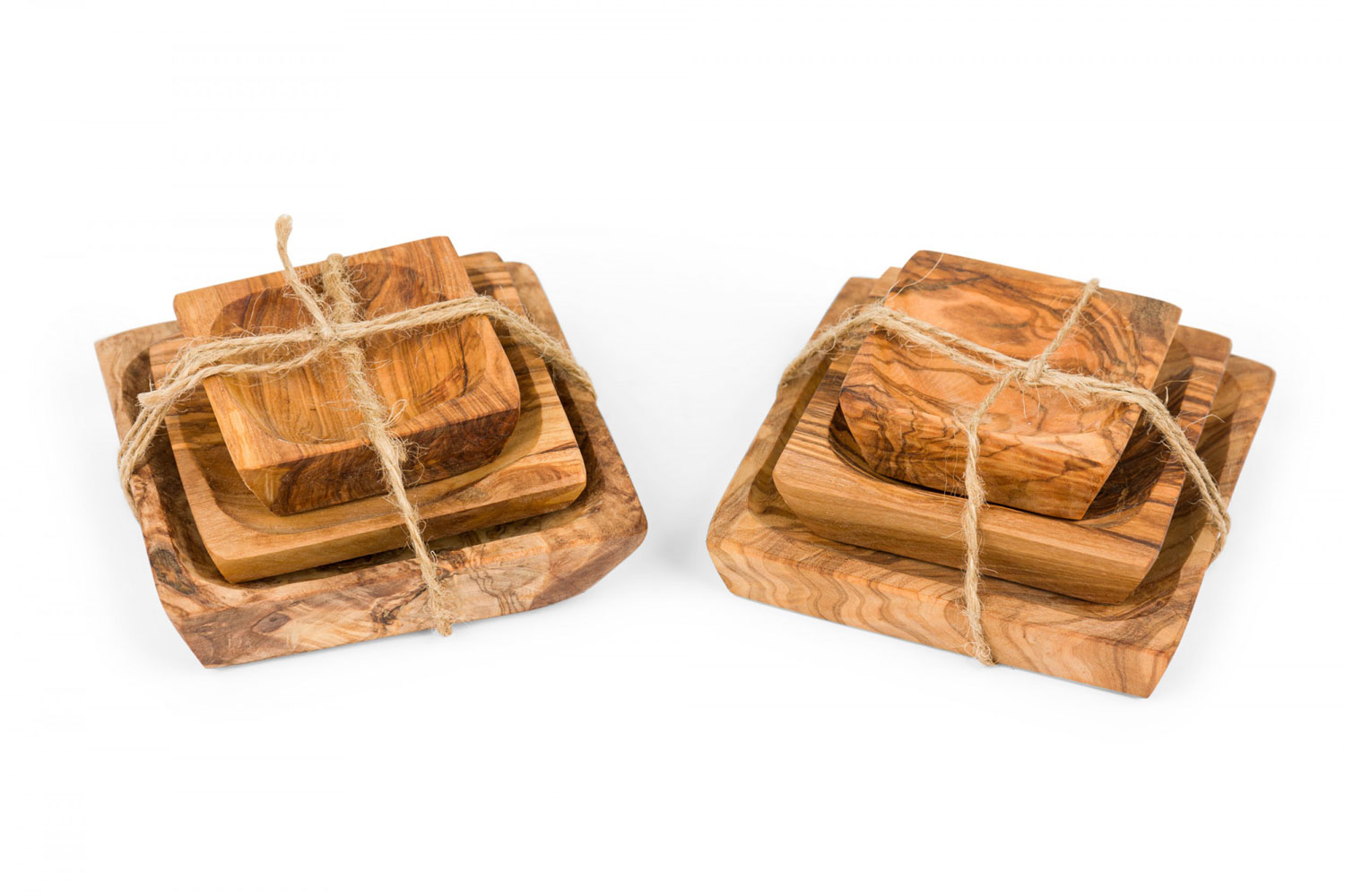 2 sets of rustic small square olivewood nesting bowls