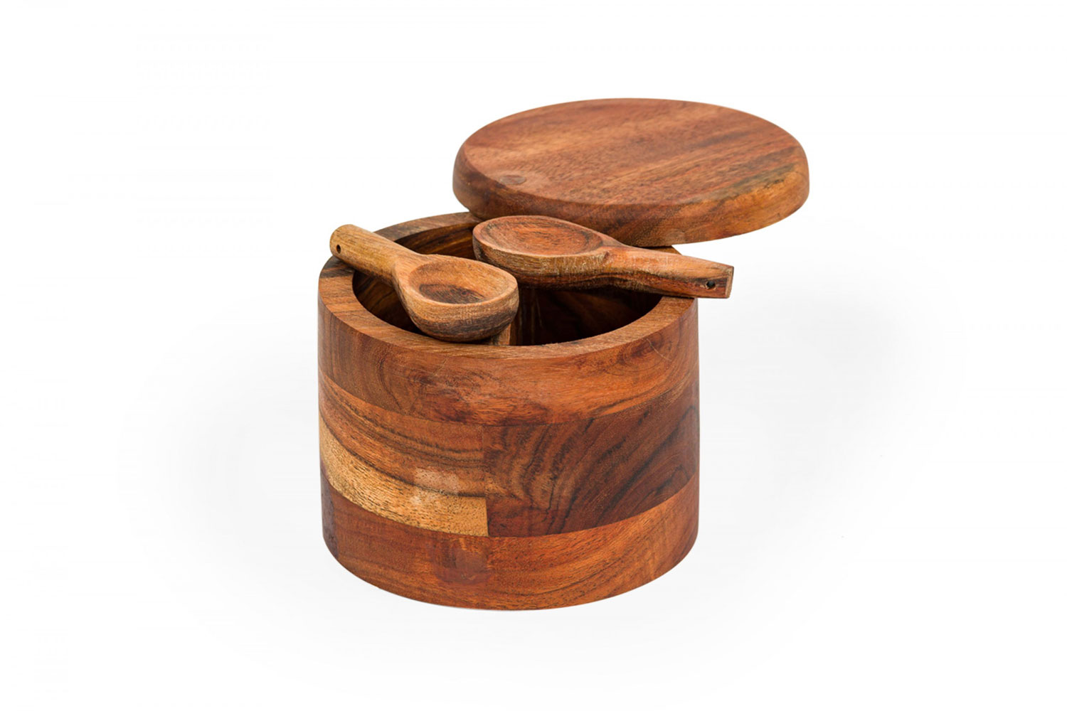 Rustic contemporary acacia wood cylindrical salt and pepper cellar