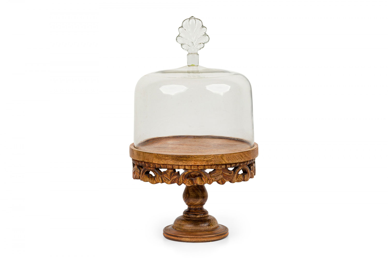 American country style carved wood and glass cake plate with cloche