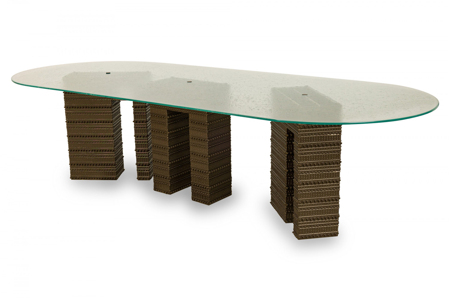 Contemporary abstract geometric three metal pedestal seeded glass top dining conference table