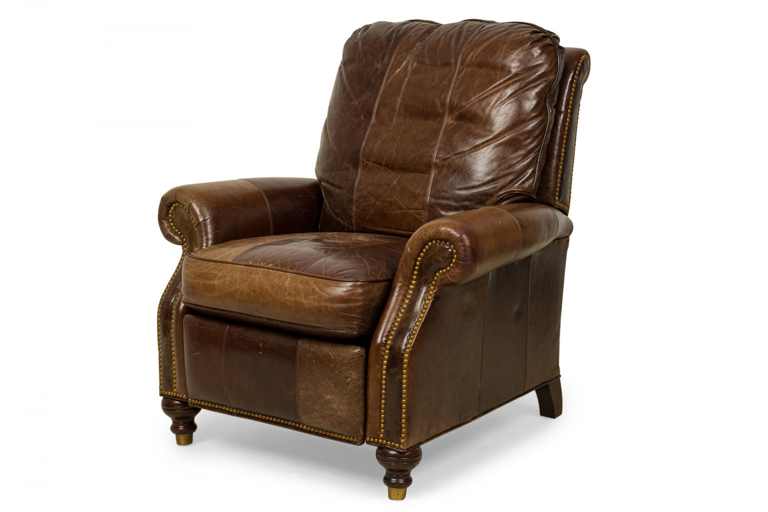Contemporary brown leather brass nail studded recliner armchair