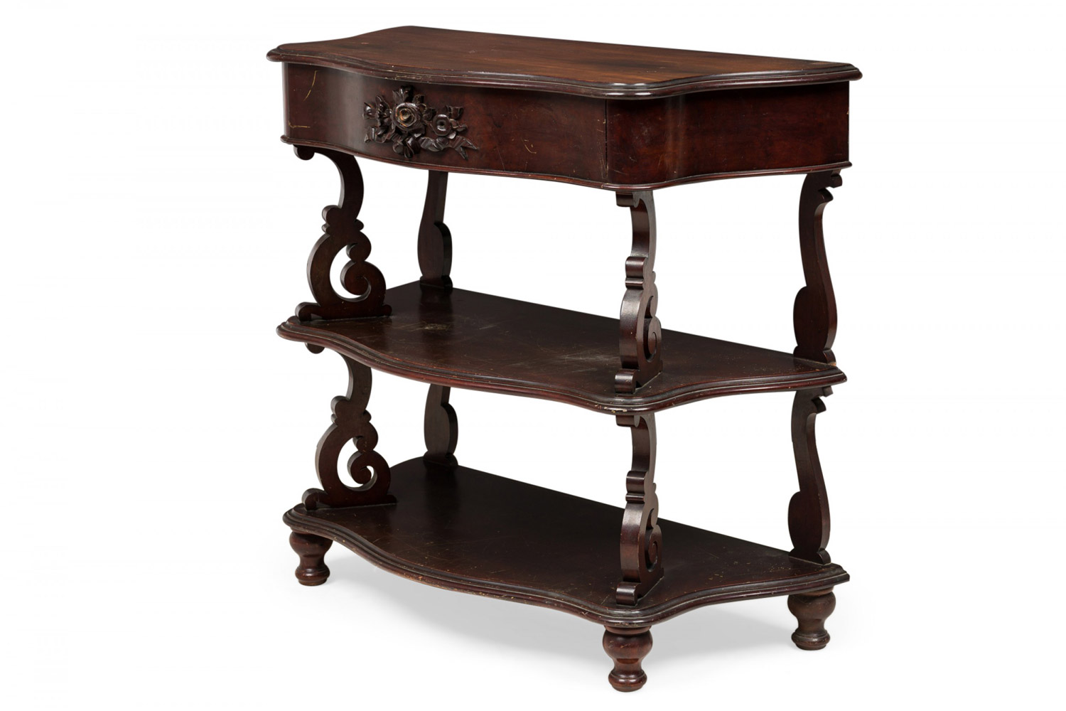 English victorian carved wooden 3 tiered shaped curio console table