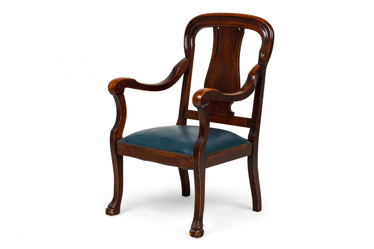 English victorian mahogany claw foot splat back blue vinyl seat armchair