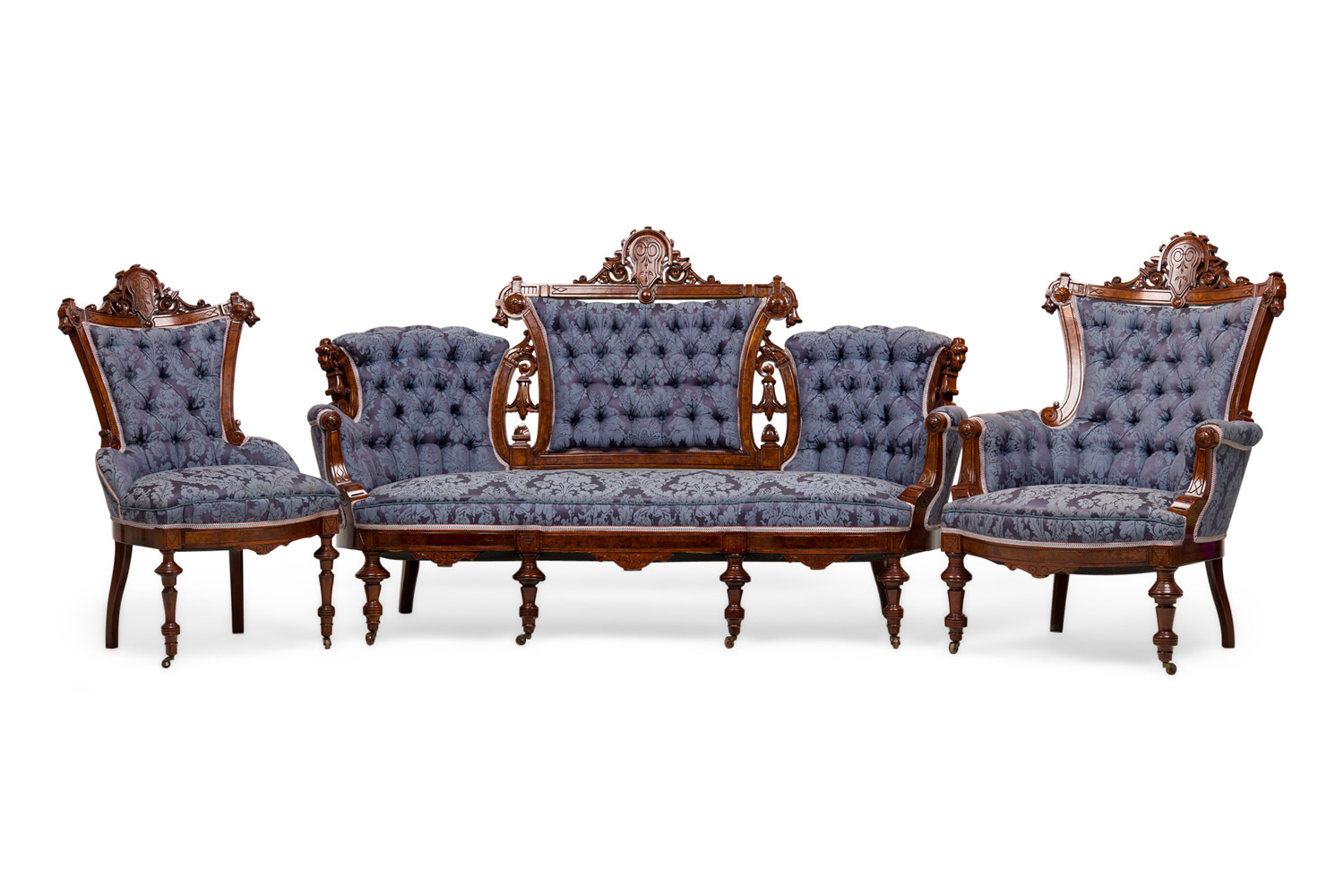 6 piece american victorian blue tufted damask upholstered mahogany living room salon set