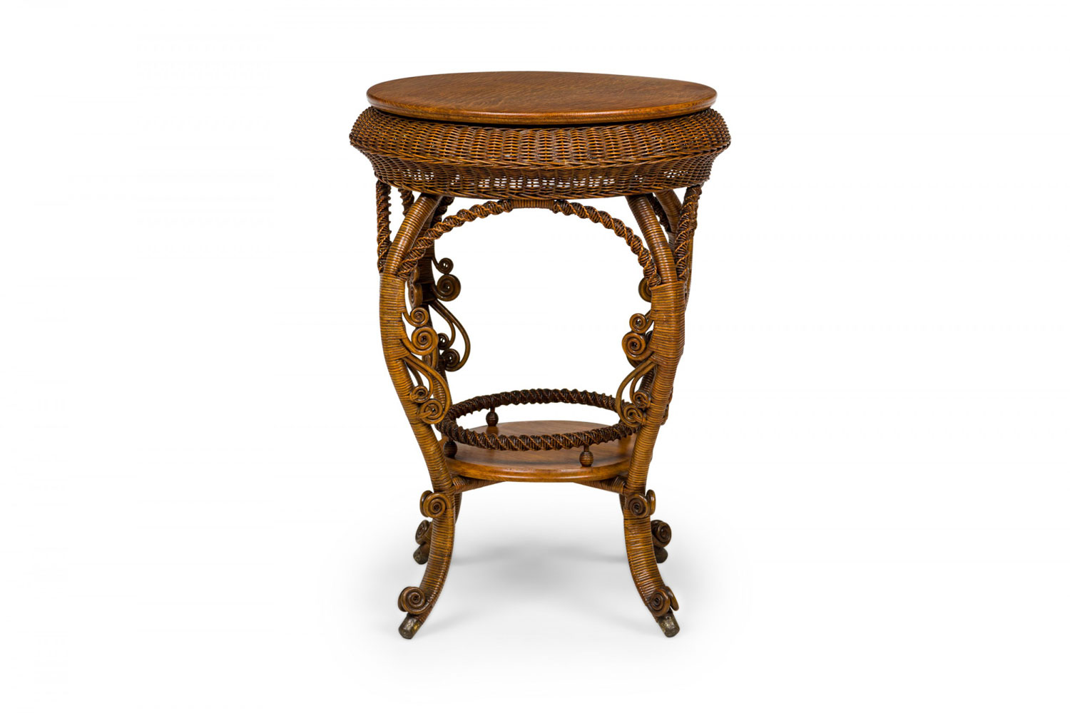 American victorian wicker and oak topped circular side table