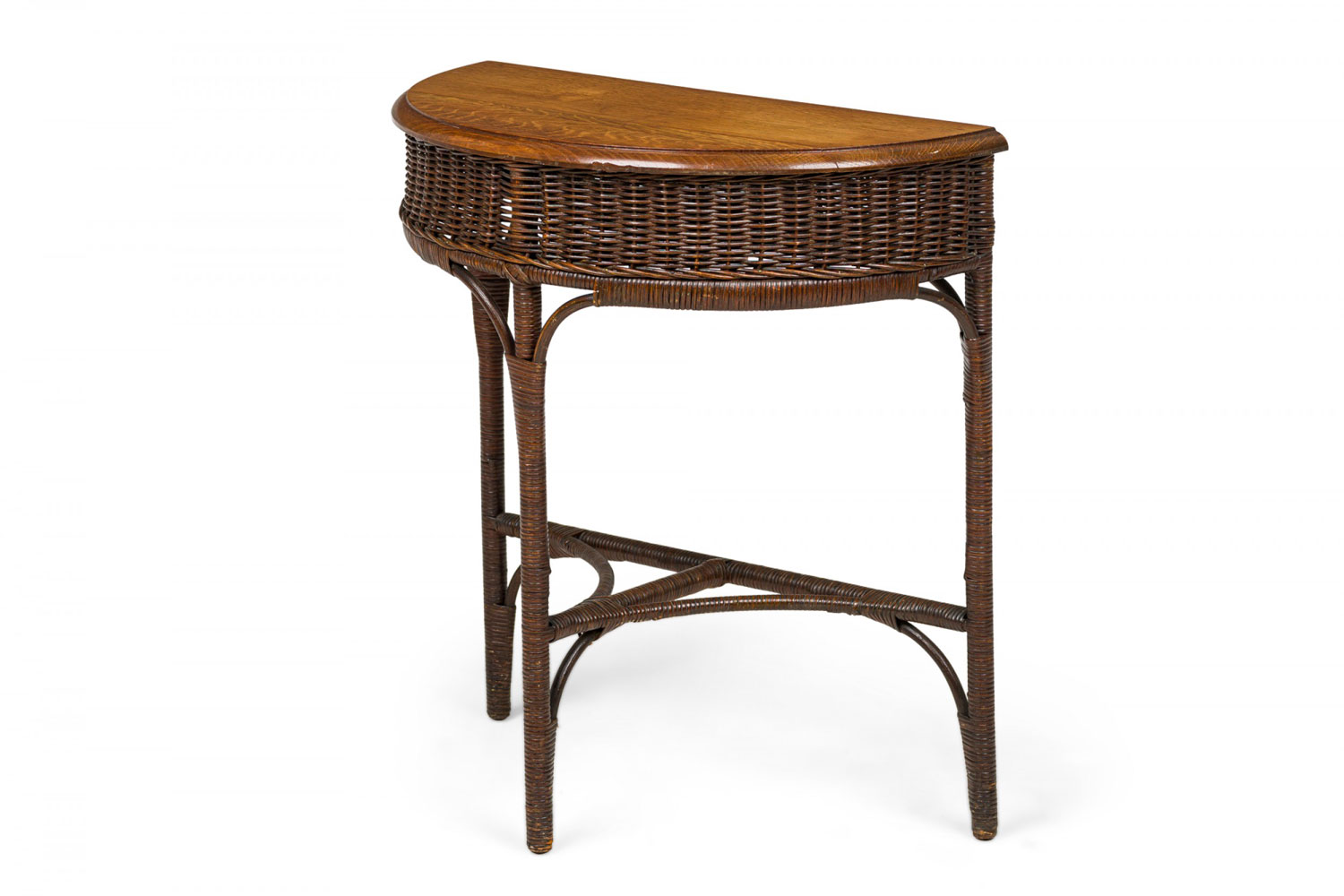 American victorian wicker and oak topped demilune 3 legged console table