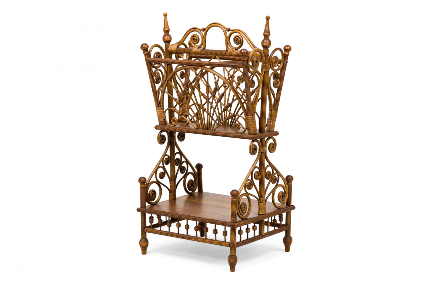 American victorian wicker and wood 2 tiered decorative magazine stand