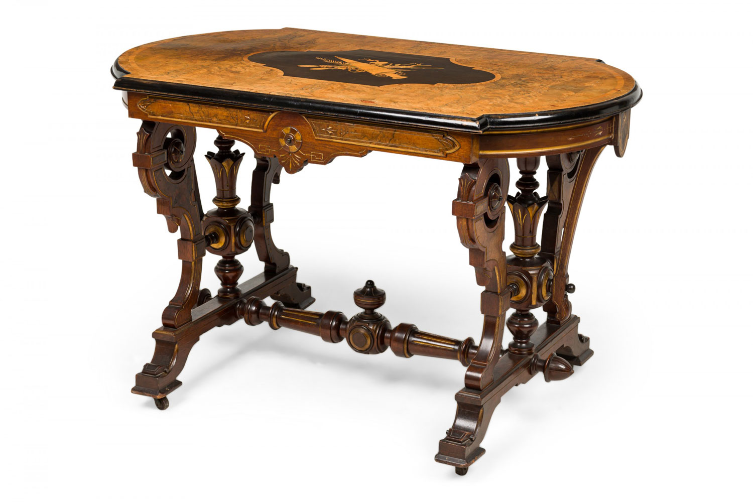 American victorian mahogany inlaid center table with elaborate scrollwork and burl wood top