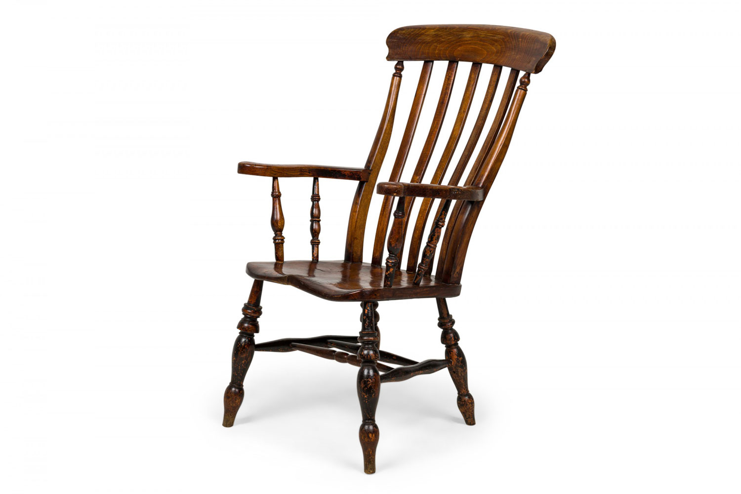 American victorian oak slat back armchair with shaped seat and turned supports