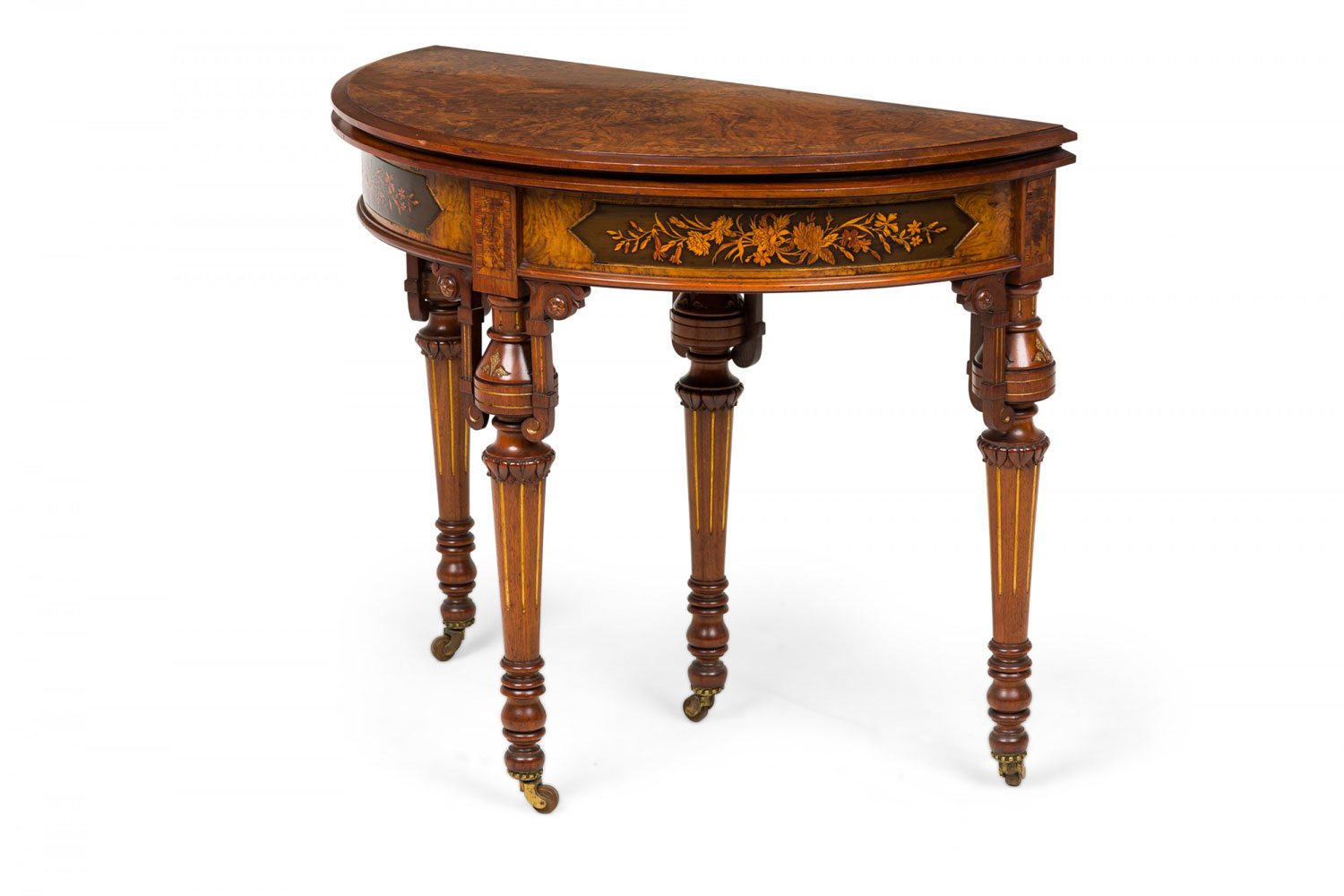 American victorian folding wood demilune console table with extendable top and floral inlay