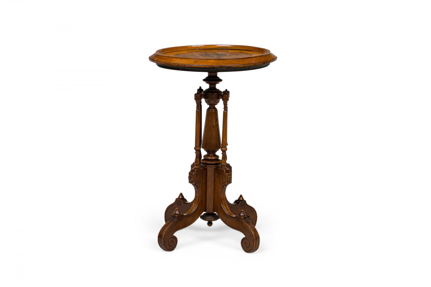 American victorian inlaid circular carved wooden plant stand side table