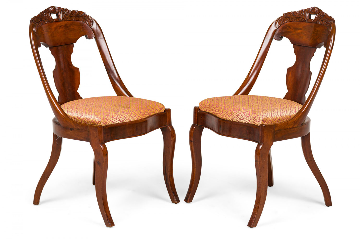 Set of 6 american empire carved wood gondola dining chairs with acanthus weave upholstered seats