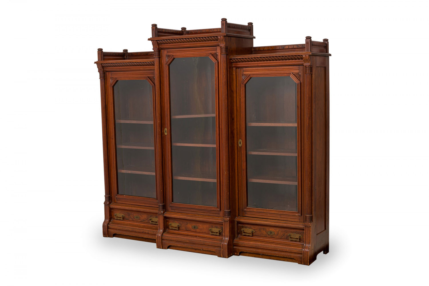 American victorian wood 3 cabinet bookcase with hinged glass doors