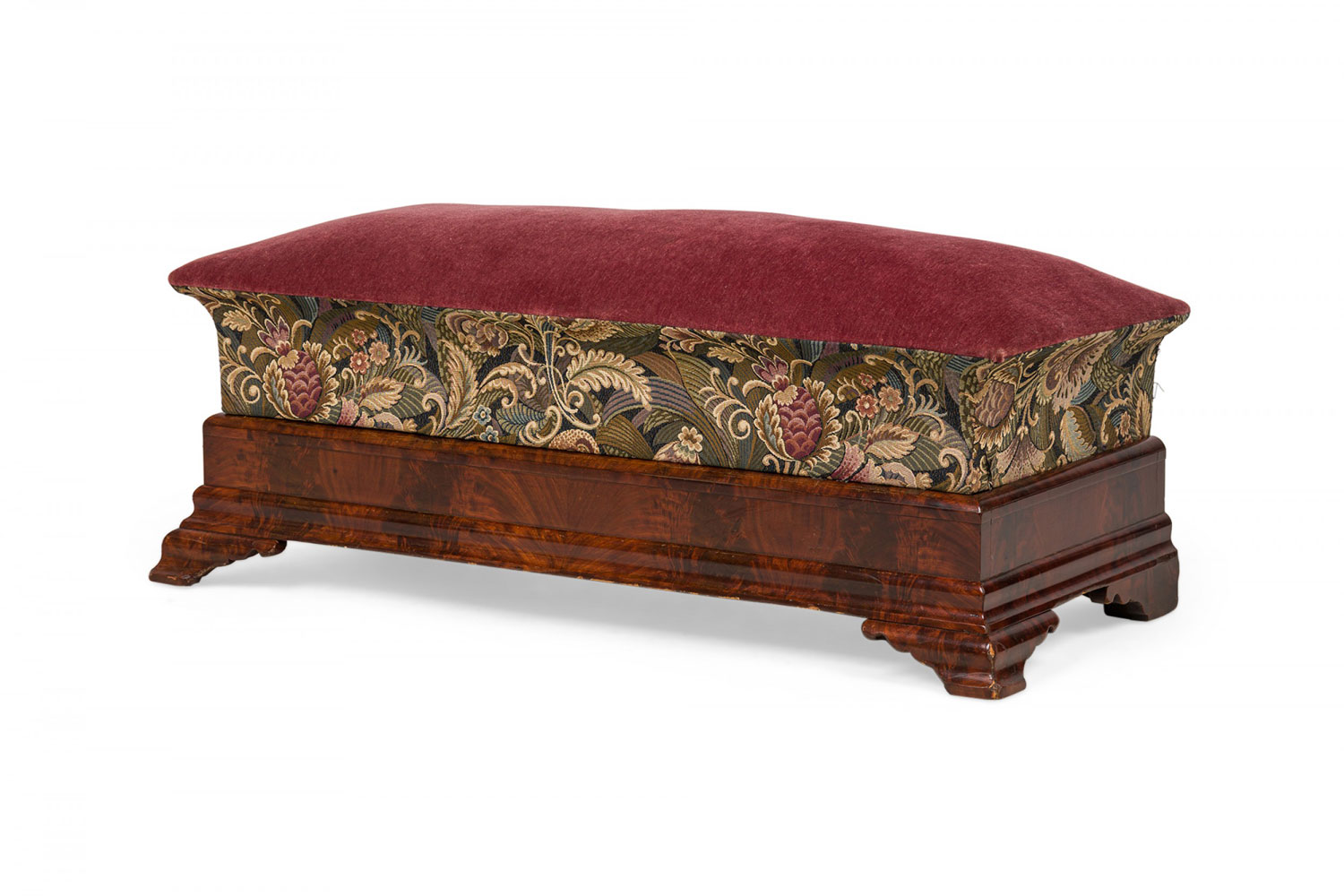 American empire long ottoman with upholstered burgundy velvet and tapestry top