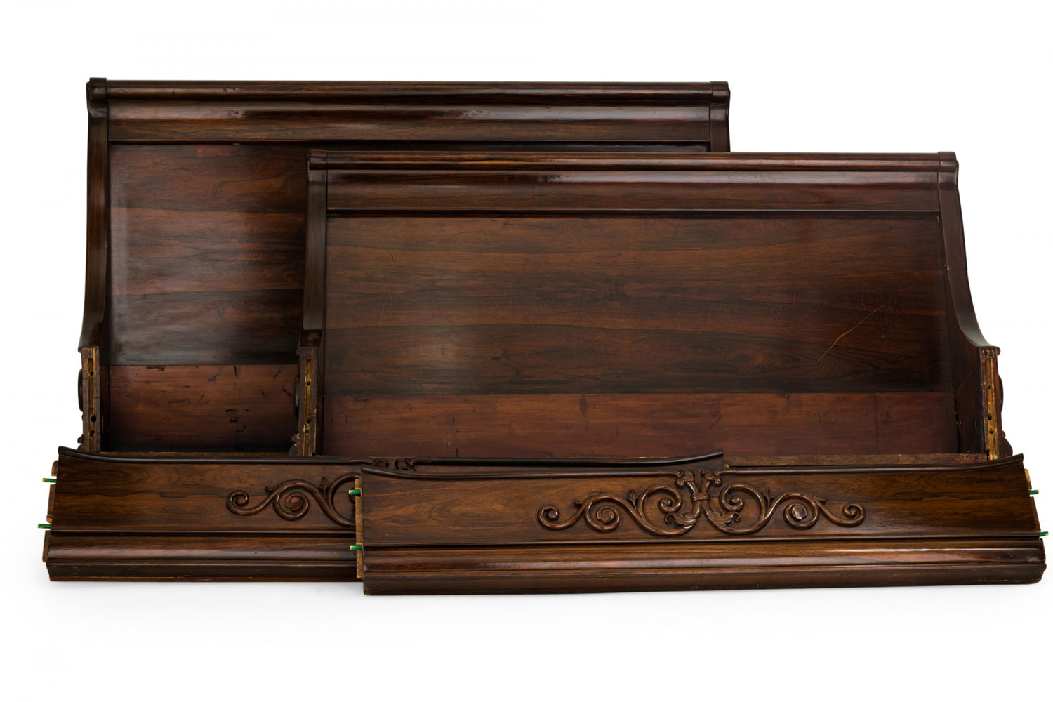 English victorian rosewood sleigh bed with applied scrollwork
