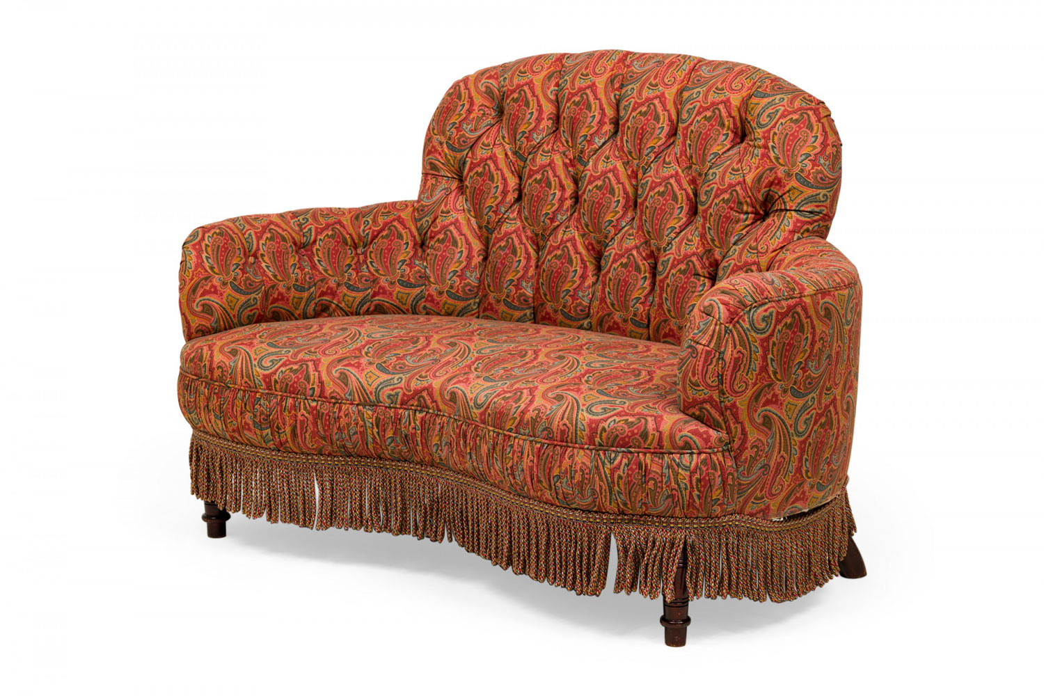 English victorian style tufted red and blue paisley upholstered rounded back loveseat